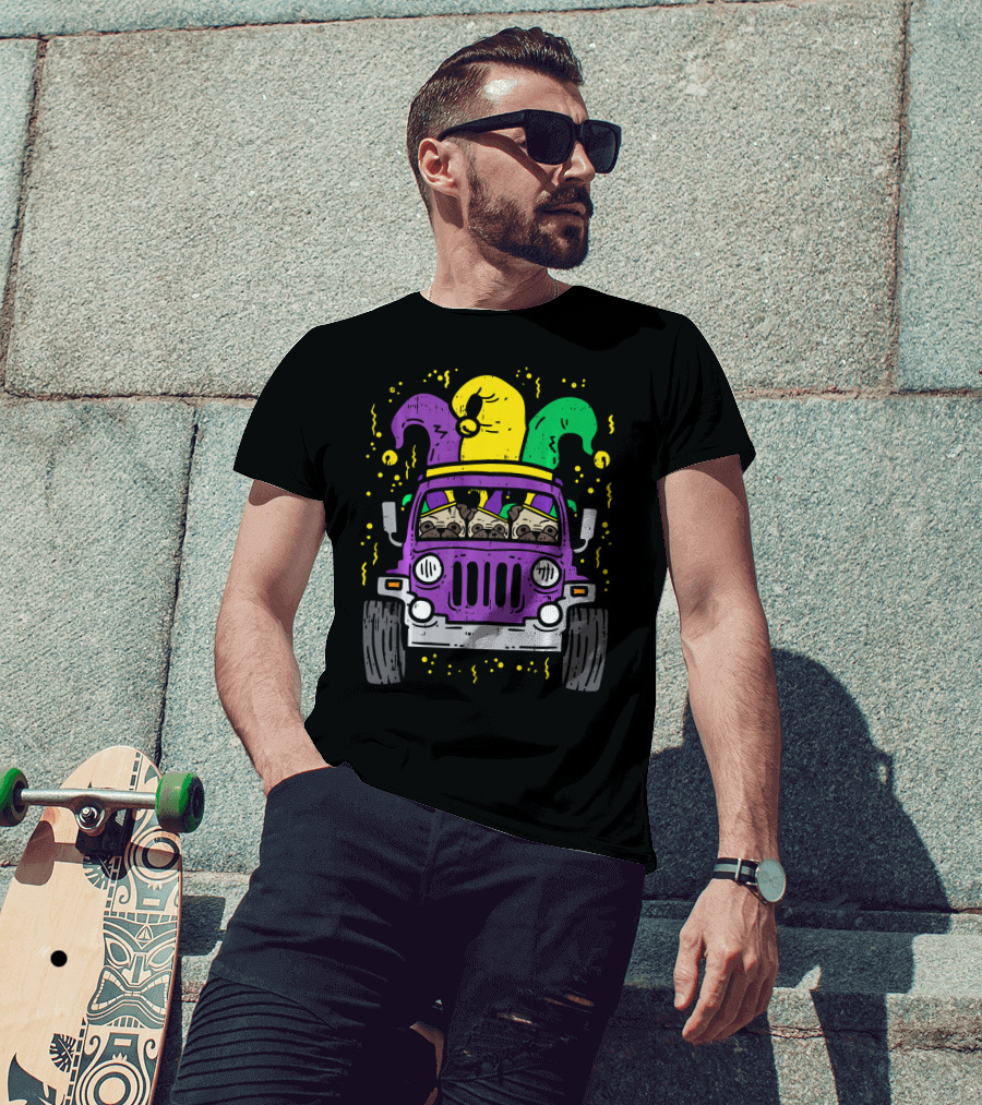 Mardi Gras Jester Pug Dogs In Purple Car T-Shirt