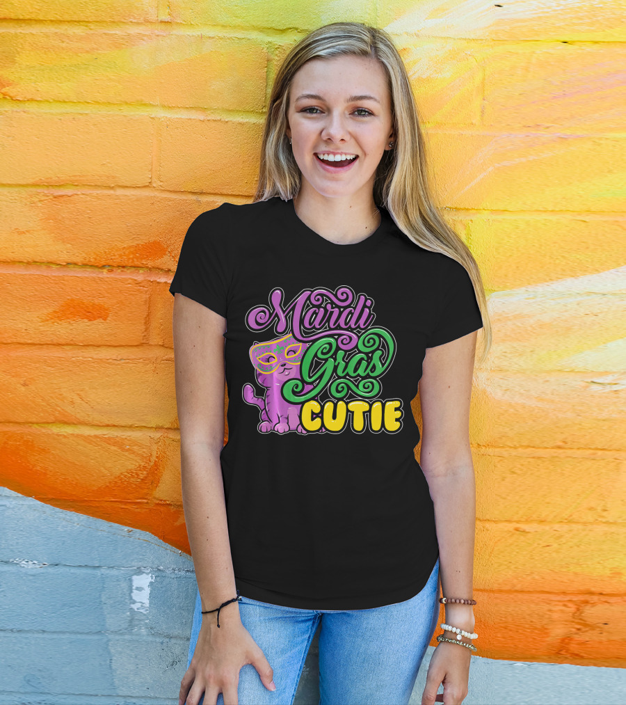 Mardi Gras Cutie Girls Parade Cute Novel Cat With Mask T-Shirt