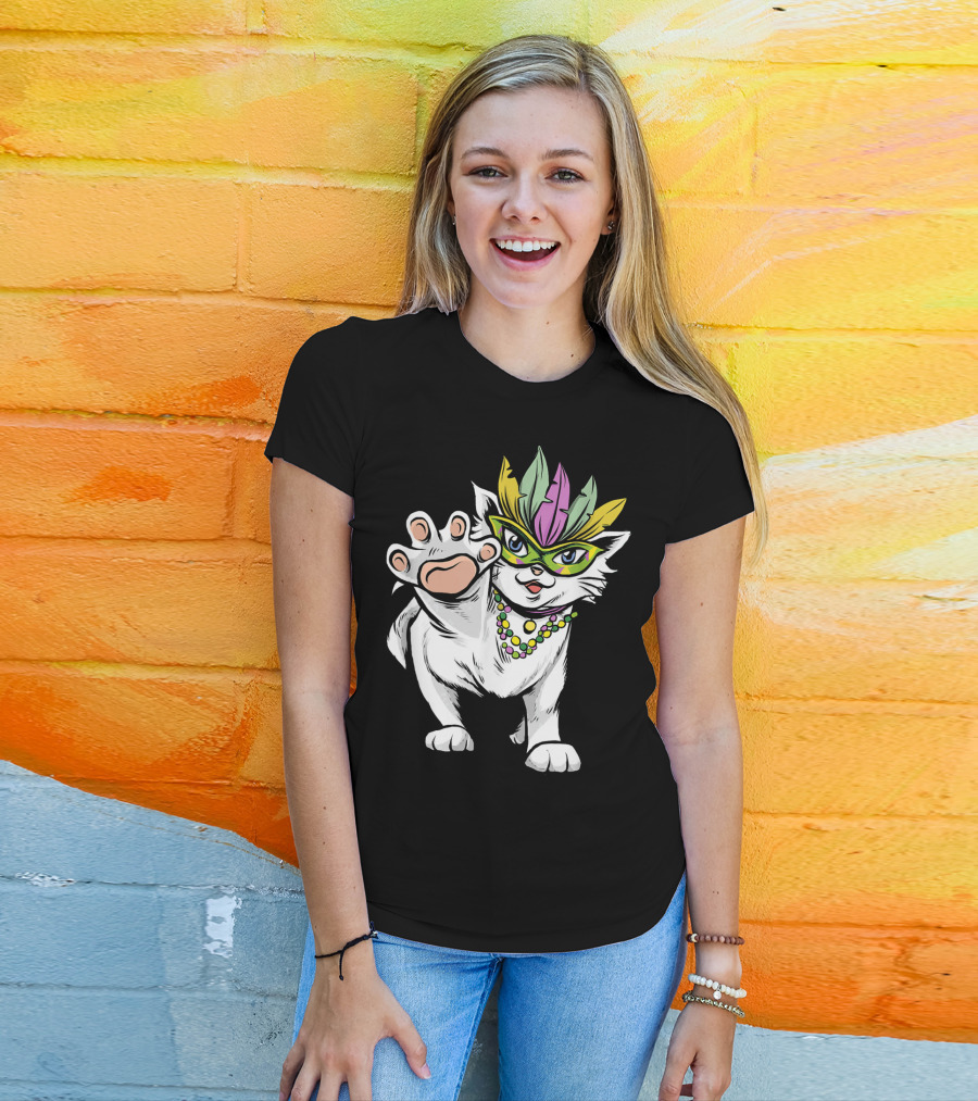 White Cat Mardi Gras Good Luck And Happiness T-Shirt