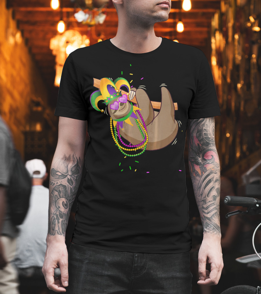 Mardi Gras Sloth Wearing Colorful Beads and Jester Mask T-Shirt