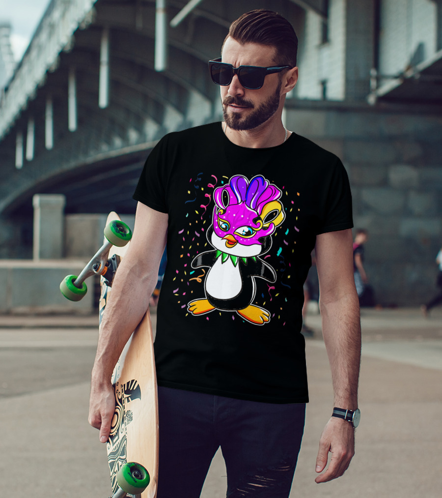 Penguin Mardi Gras Lover Funny Masquerade Festive Confetti T-Shirt