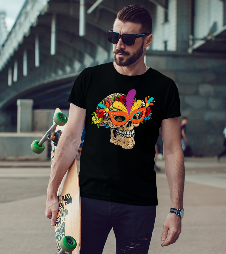 Mardi Gras Skull Mask With Colorful Floral Jester Hat T-Shirt