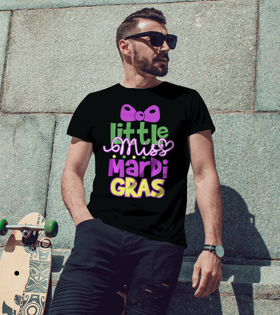 Little Miss Mardi Gras Bow Colorful Letters T-Shirt