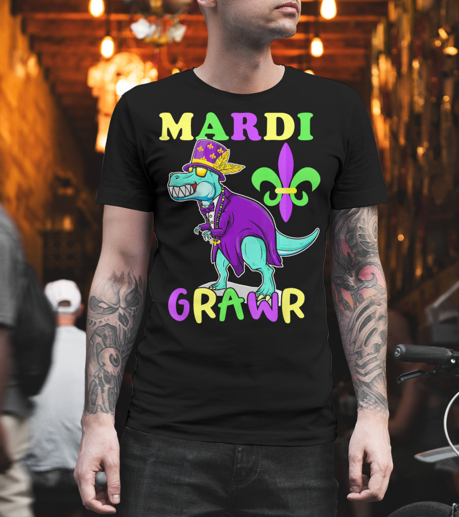 Mardi Grawr Dinosaur Rex New Orleans Fleur de Lis T-Shirt