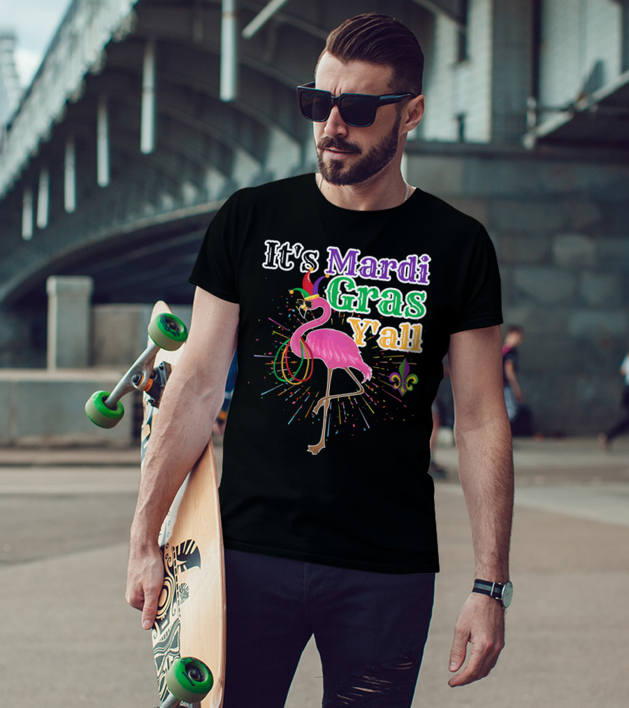Flamingo It's Mardi Gras Y'all With Beads And Fleur-de-lis T-Shirt