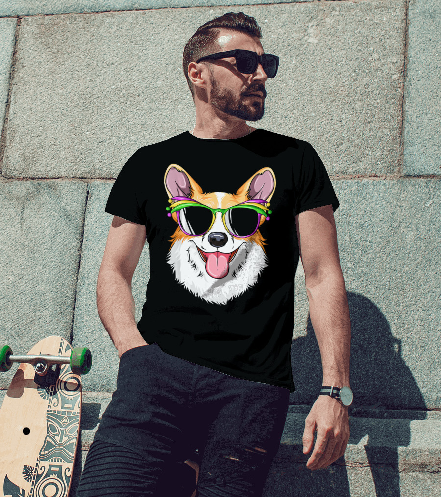 Mardi Gras Corgi With Carnival Mask And Glasses T-Shirt