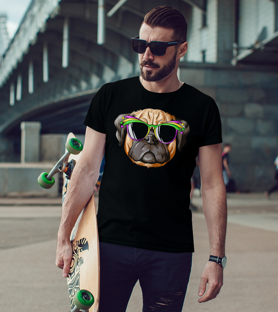 Pug Wearing Mardi Gras Carnival Mask With Colorful Beads And Sunglasses T-Shirt