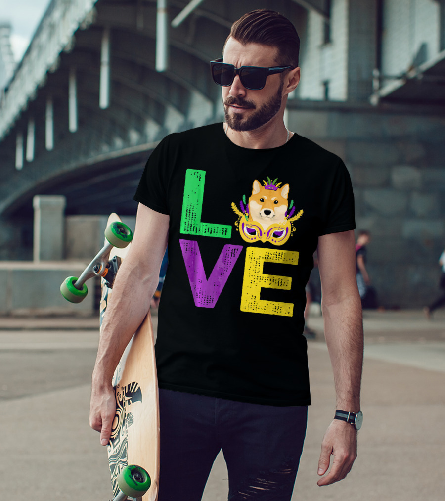 Love Shiba Inu Dog Mardi Gras Funny Dog Dad T-Shirt