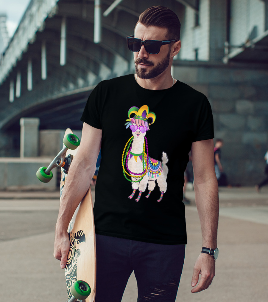 Mardi Gras Beads Masked Llama With Jester Hat T-Shirt