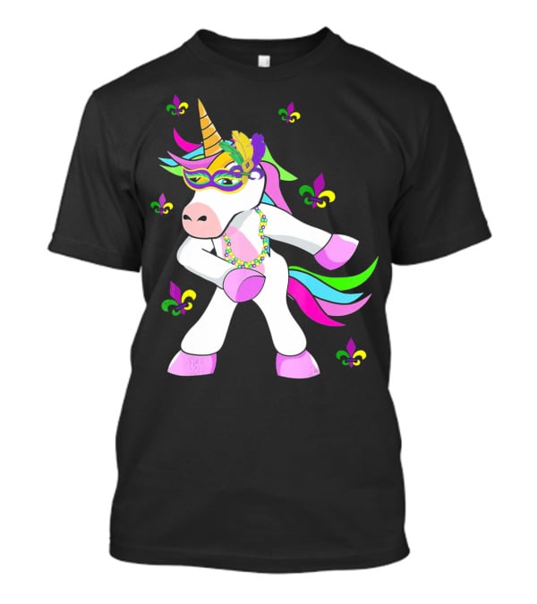Mardi Gras Flossing Unicorn Fleur De Lis Mask Feathers Beads T-Shirt