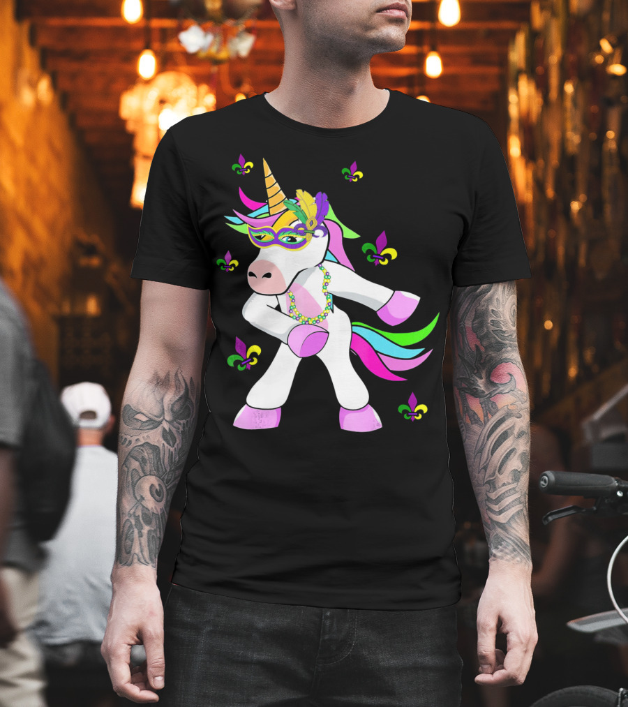 Mardi Gras Flossing Unicorn Fleur De Lis Mask Feathers Beads T-Shirt