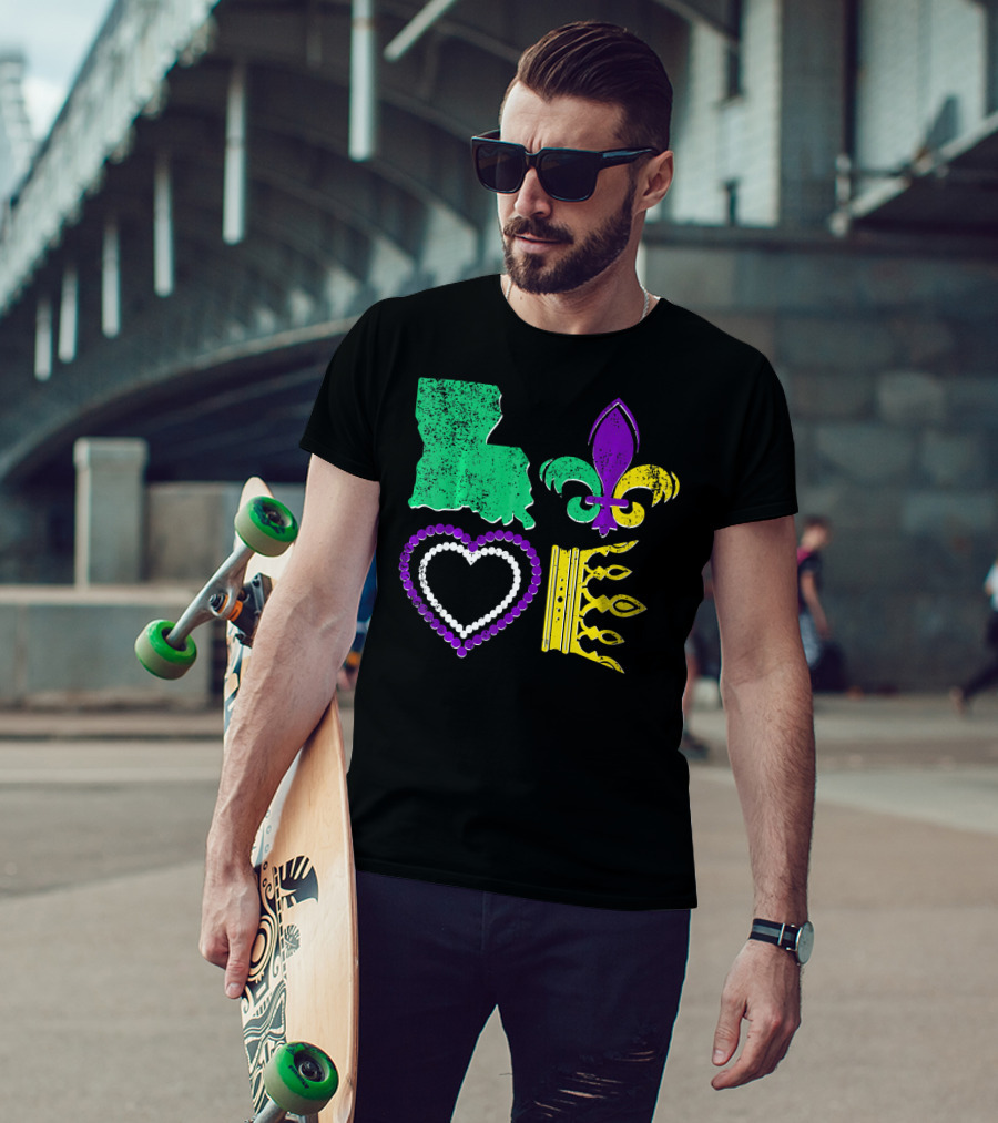 Louisiana Love Mardi Gras Fleur-de-Lis Beads Crown T-Shirt