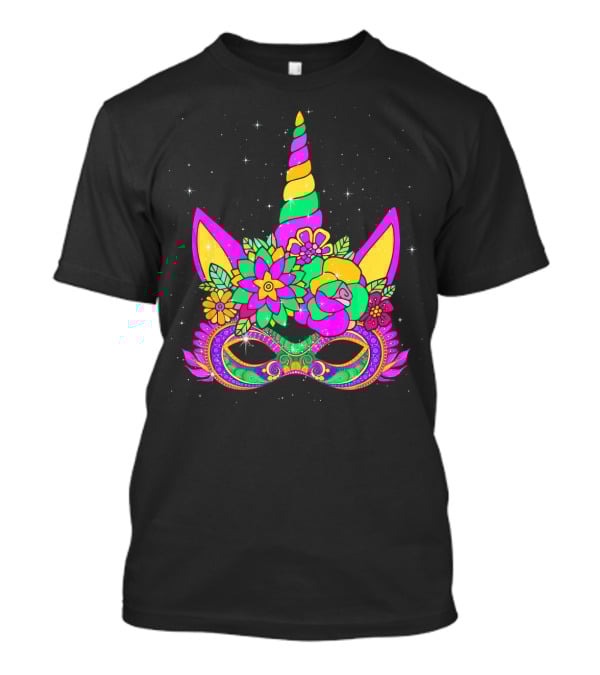 Mardi Gras Unicorn Floral Mask With Colorful Decorations T-Shirt