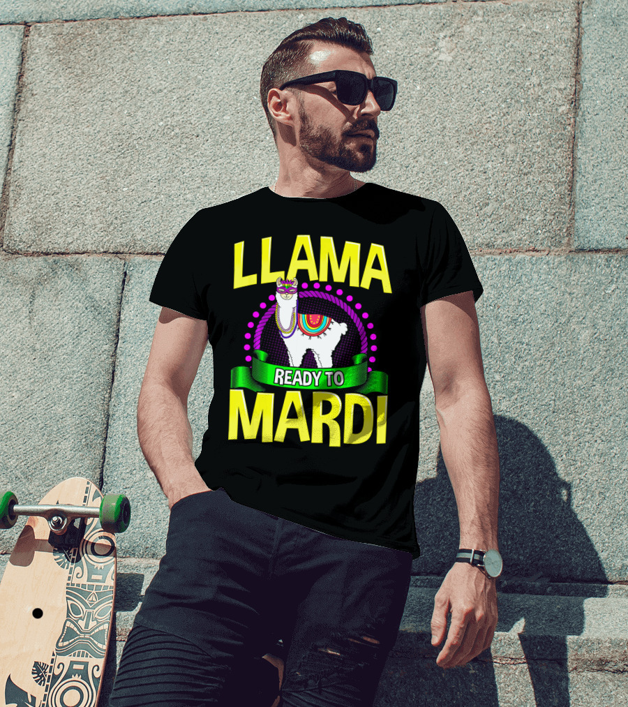 Llama Ready To Mardi Funny Llama Lover Festive Mask Beads Parade T-Shirt