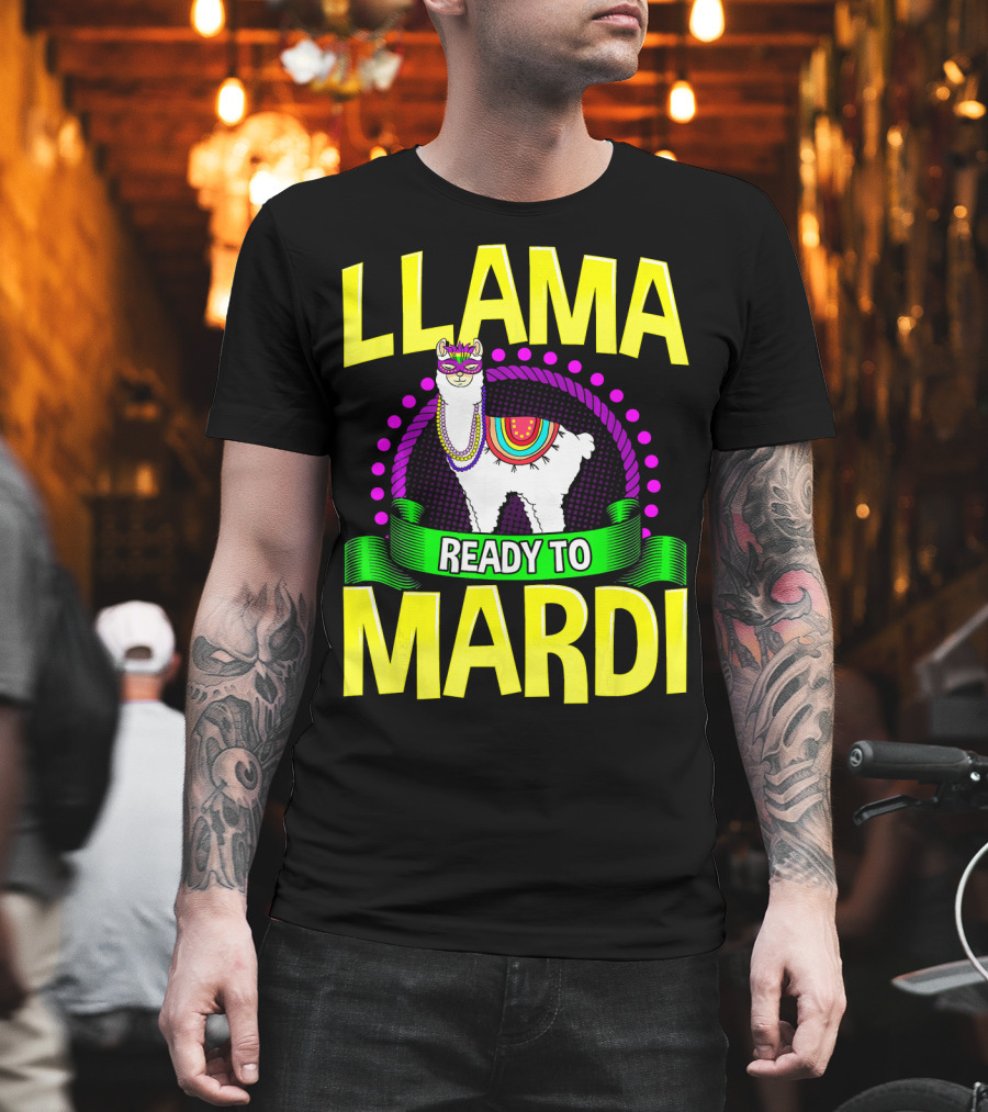 Llama Ready To Mardi Funny Llama Lover Festive Mask Beads Parade T-Shirt