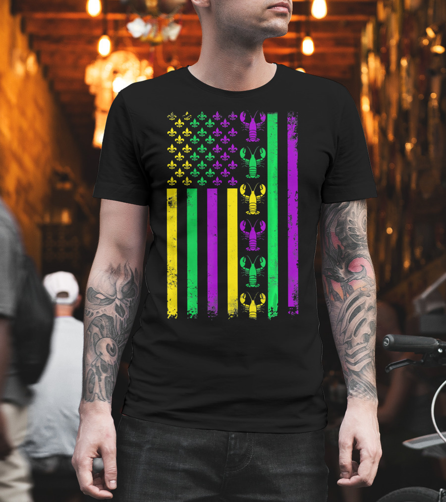 American Flag Mardi Gras Crawfish Fleur-de-Lis T-Shirt
