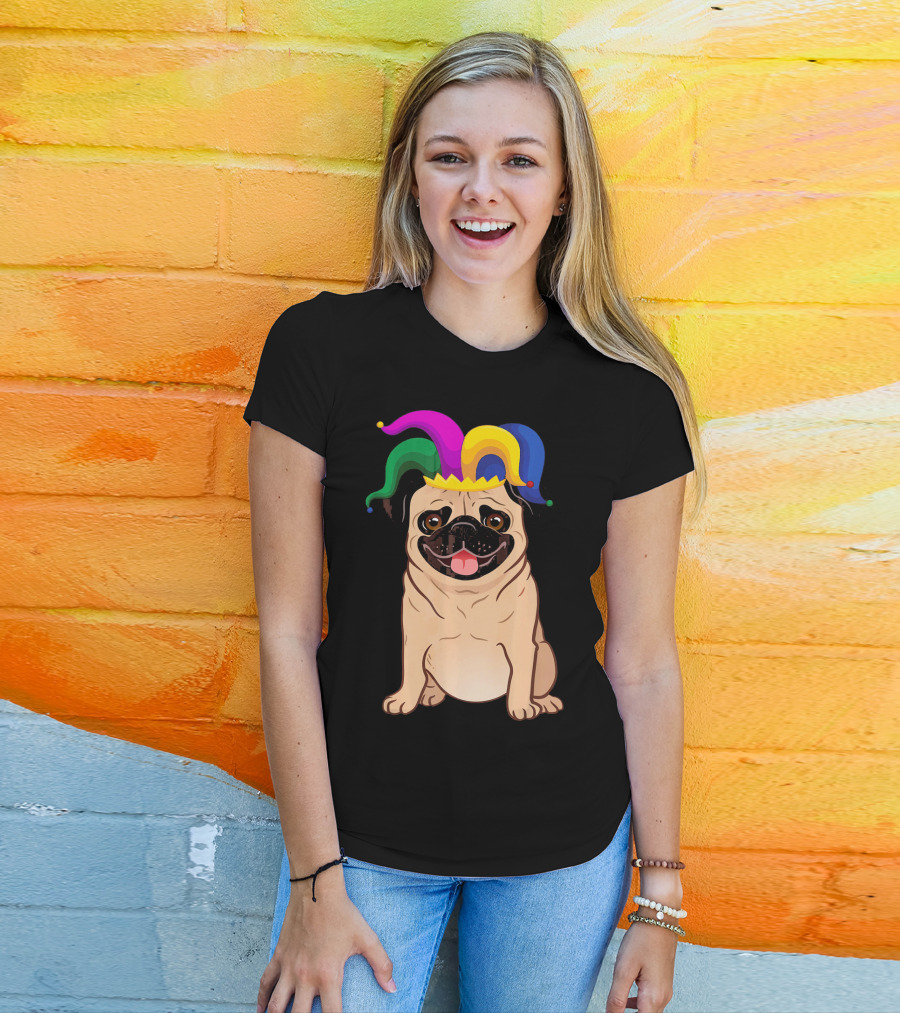 Pug Dog Wearing Colorful Jester Hat For Mardi Gras T-Shirt