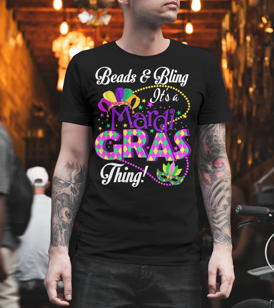 Beads and Bling It's a Mardi Gras Thing Colorful Crown and Mask T-Shirt
