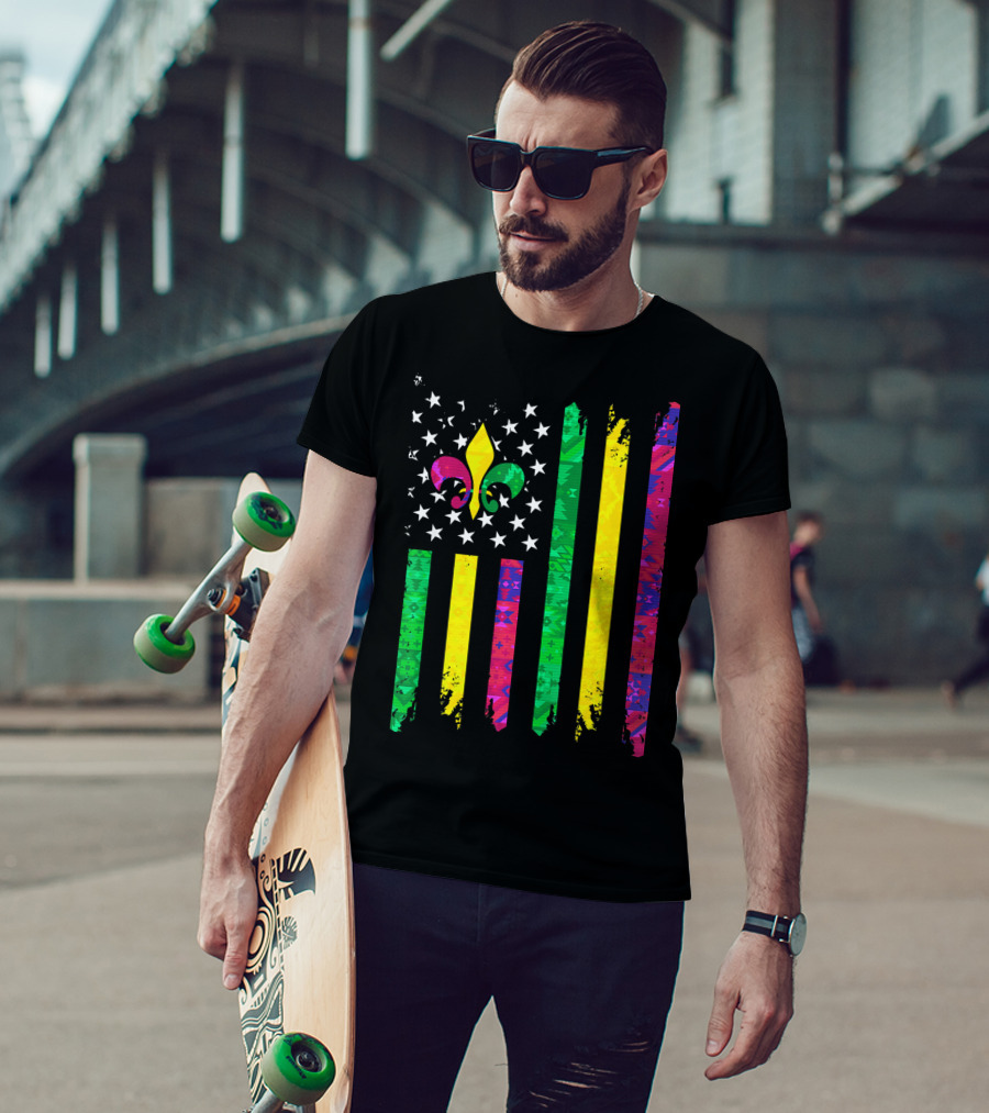Mardi Gras Colors Fleur De Lis American Flag T-Shirt