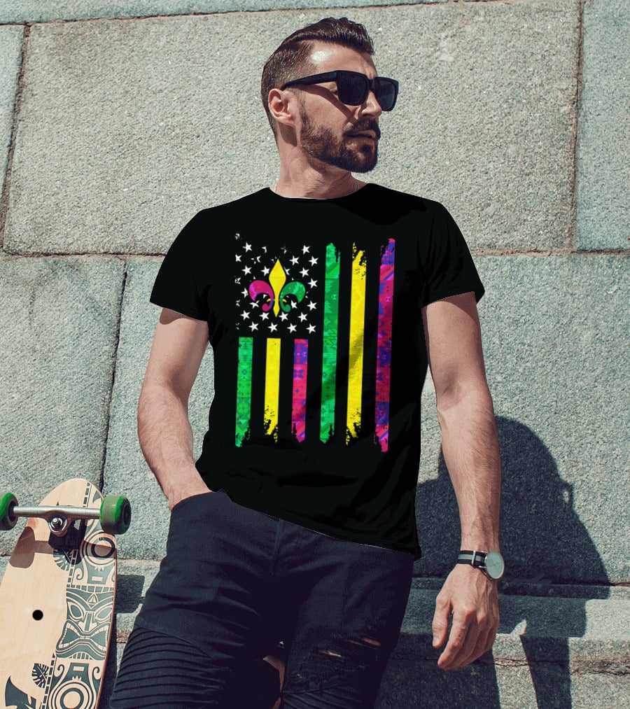 Mardi Gras Colors Fleur De Lis American Flag T-Shirt