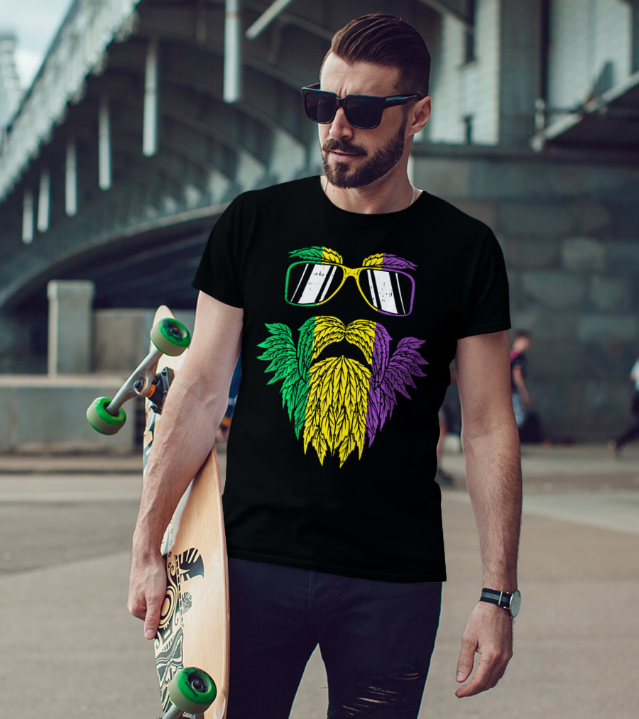 Purple Green Yellow Beard Sunglasses Mardi Gras Hipster T-Shirt