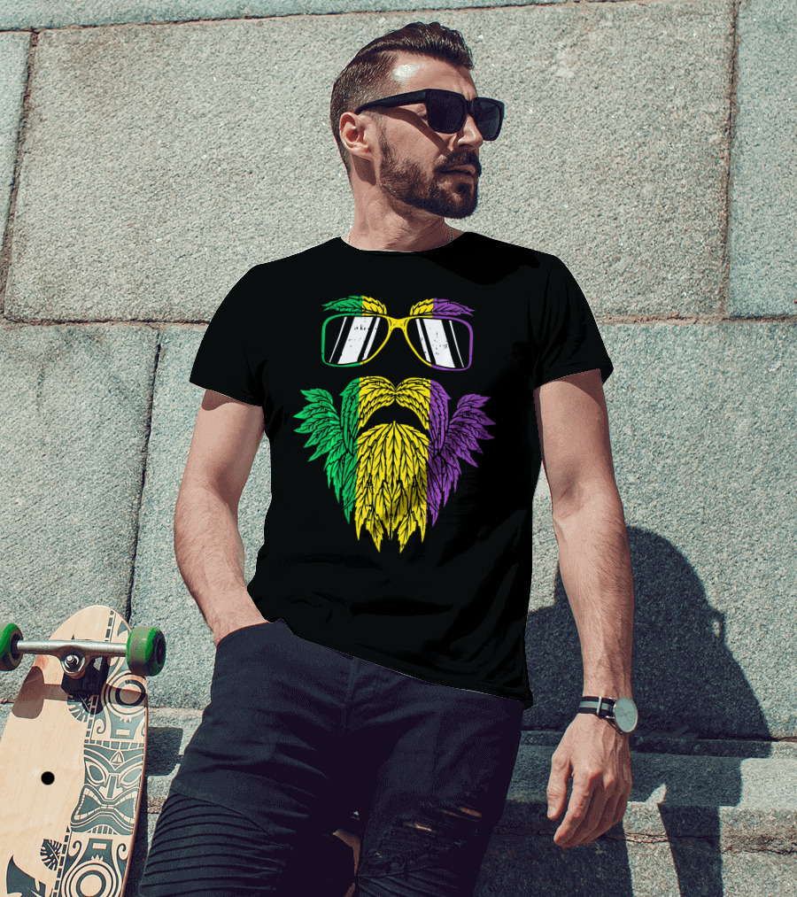 Purple Green Yellow Beard Sunglasses Mardi Gras Hipster T-Shirt