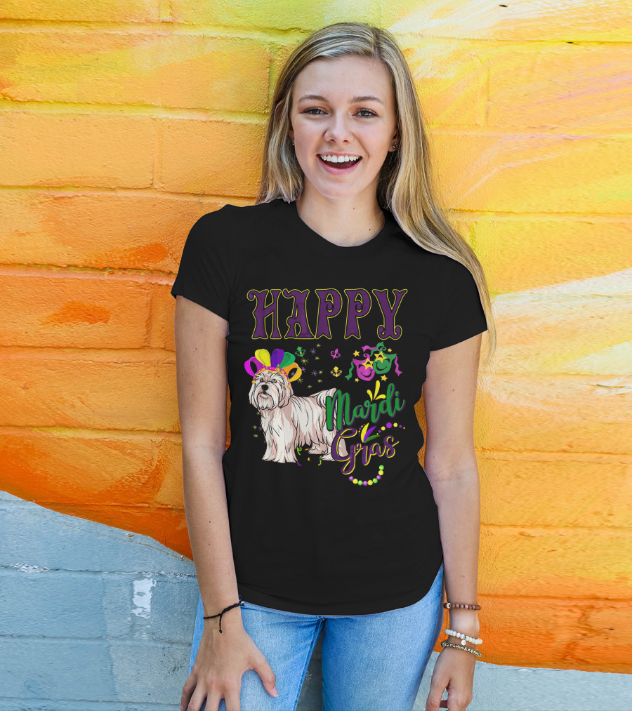 Happy Mardi Gras Maltese With Colorful Masks And Beads T-Shirt