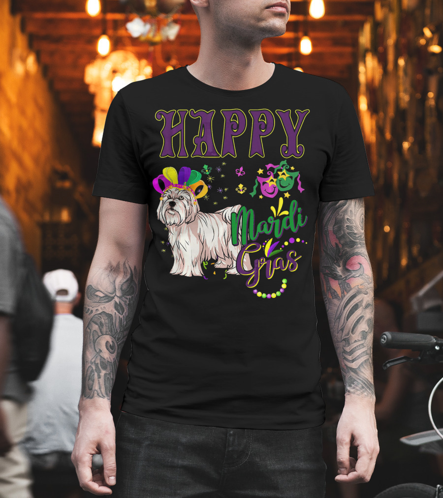 Happy Mardi Gras Maltese with Colorful Masks and Beads T-Shirt