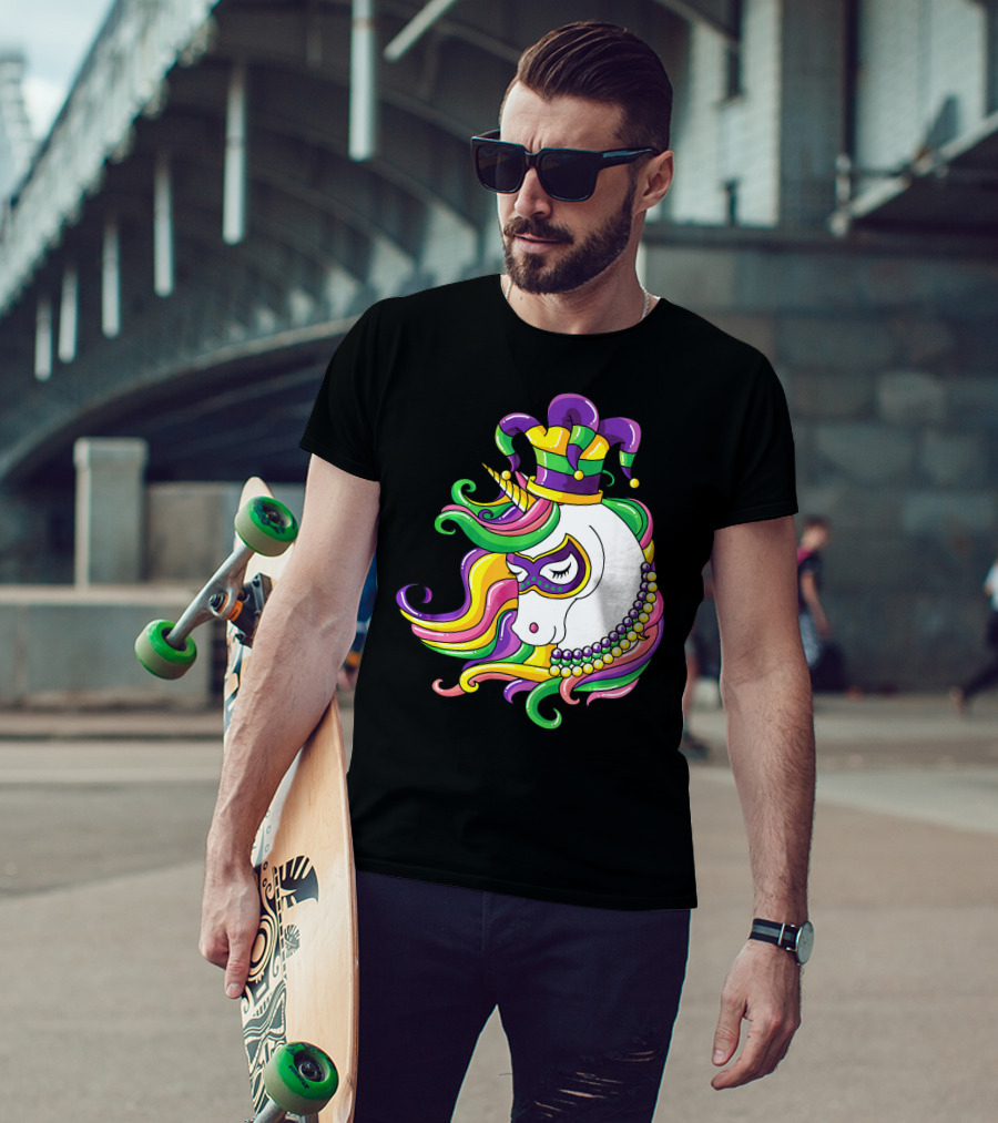 Jester Hat Rainbow Unicorn Mardi Gras Beads T-Shirt