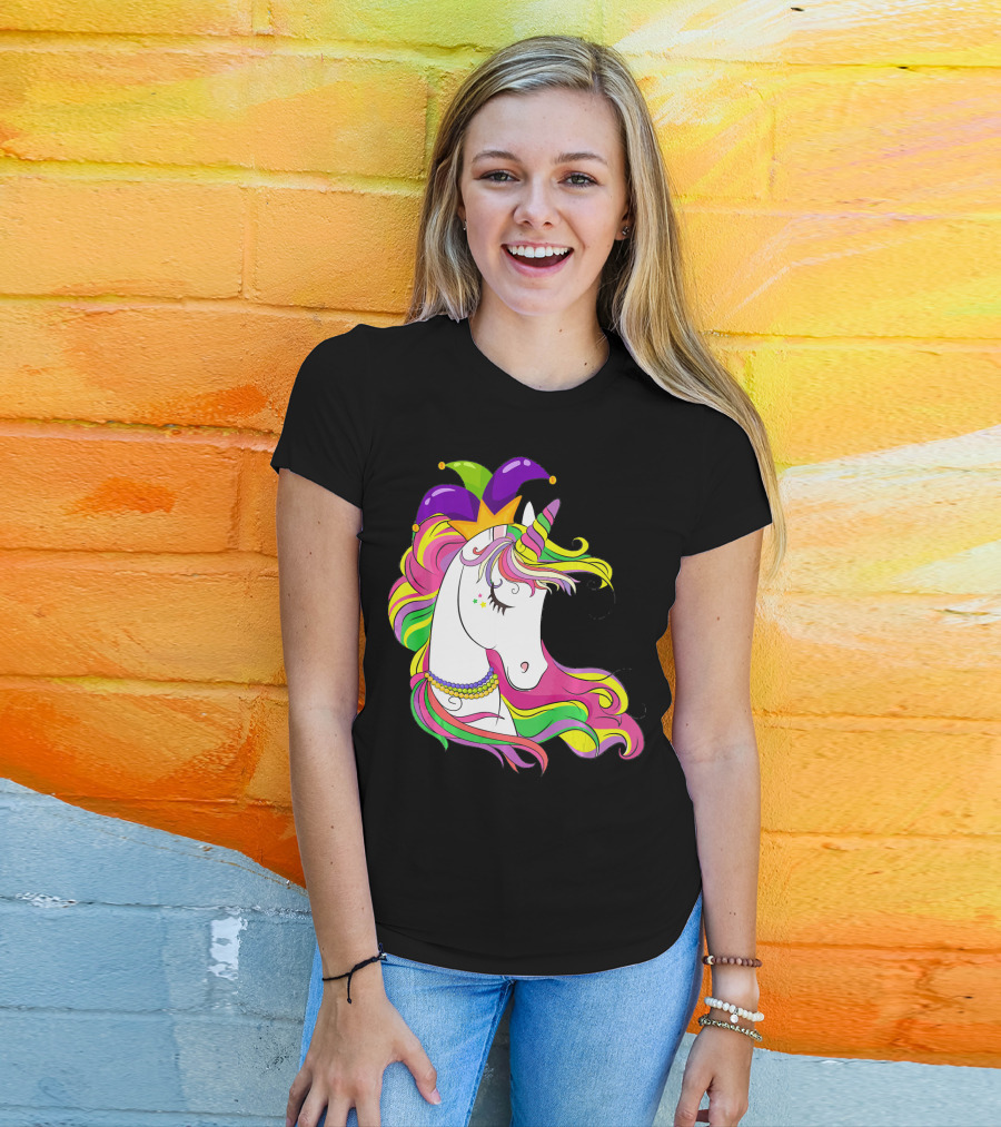 Jester Rainbow Unicorn Mardi Gras Costume With Colorful Mane And Hat T-Shirt