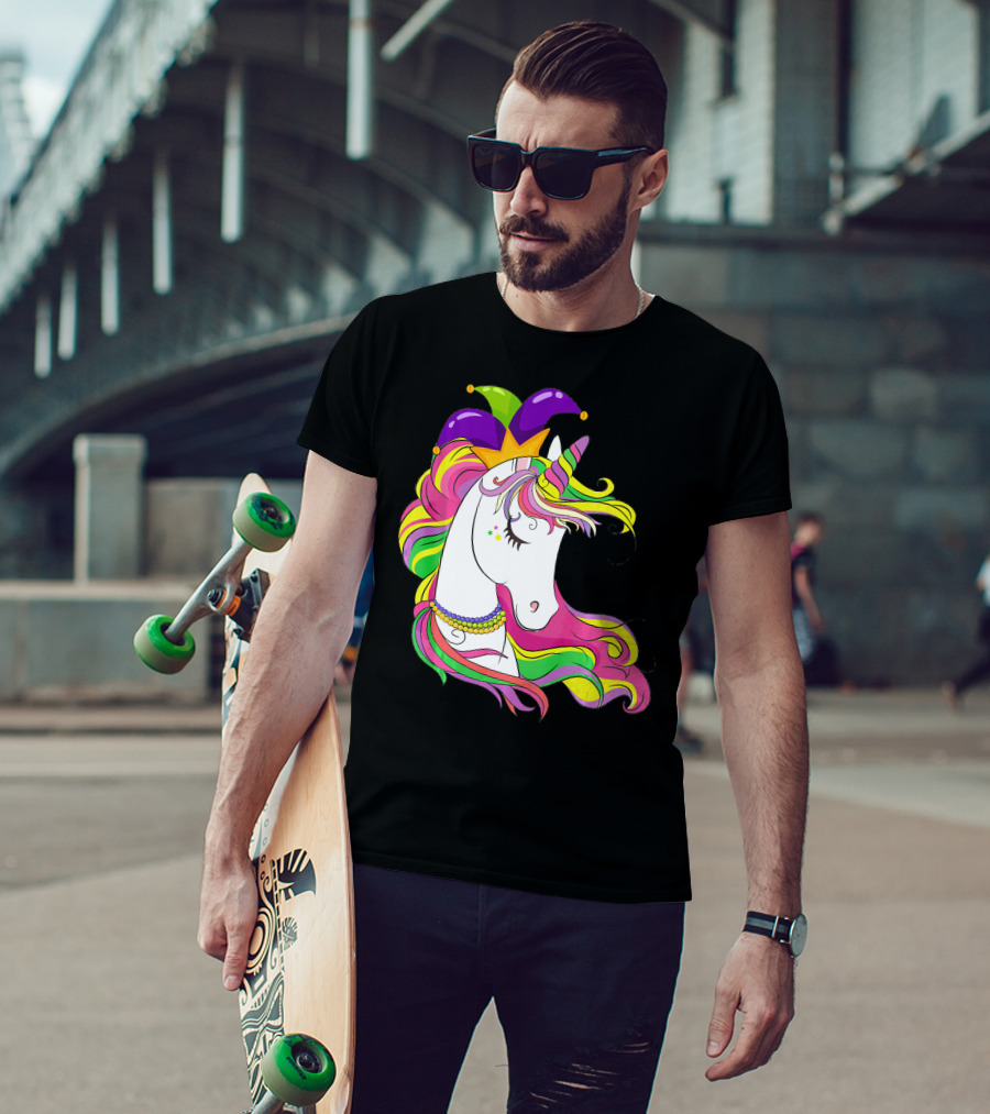 Jester Rainbow Unicorn Mardi Gras Costume With Colorful Mane And Hat T-Shirt