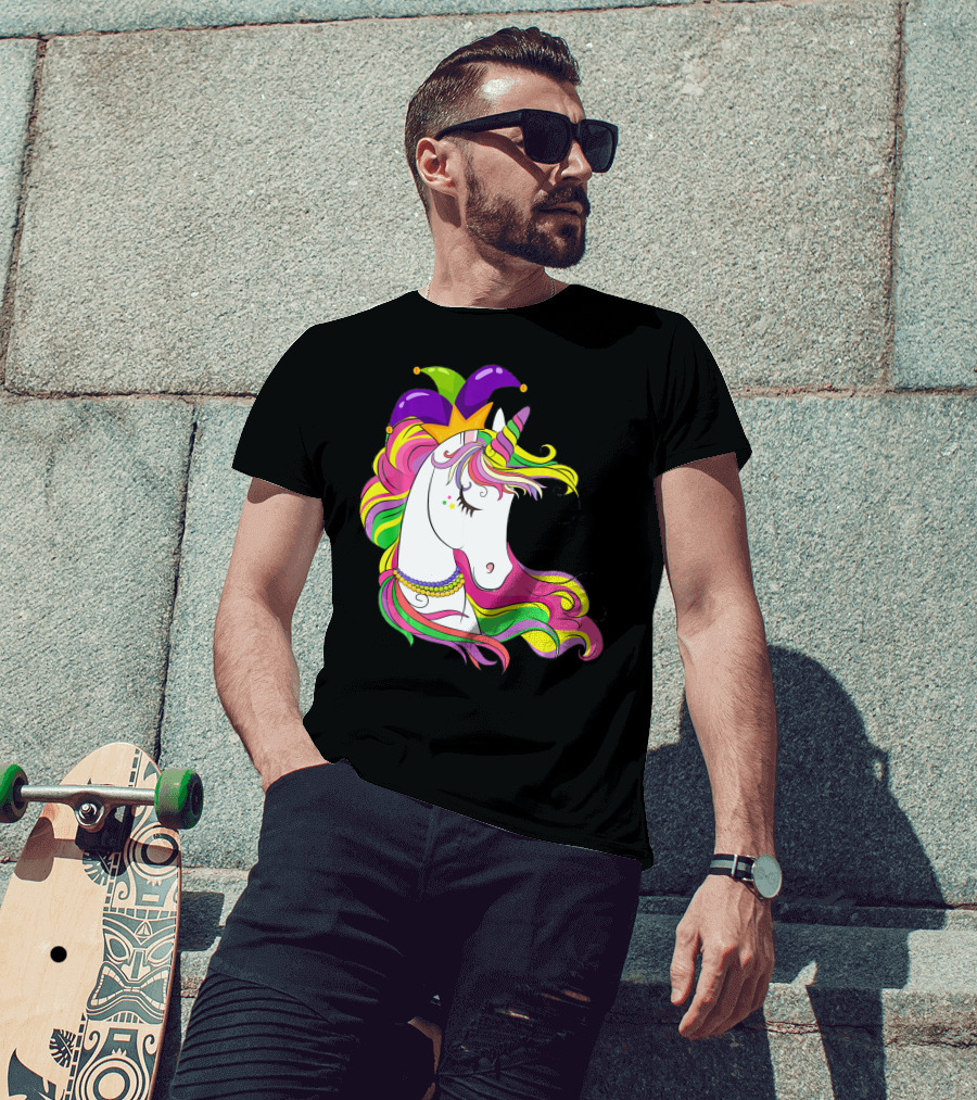 Jester Rainbow Unicorn Mardi Gras Costume With Colorful Mane And Hat T-Shirt