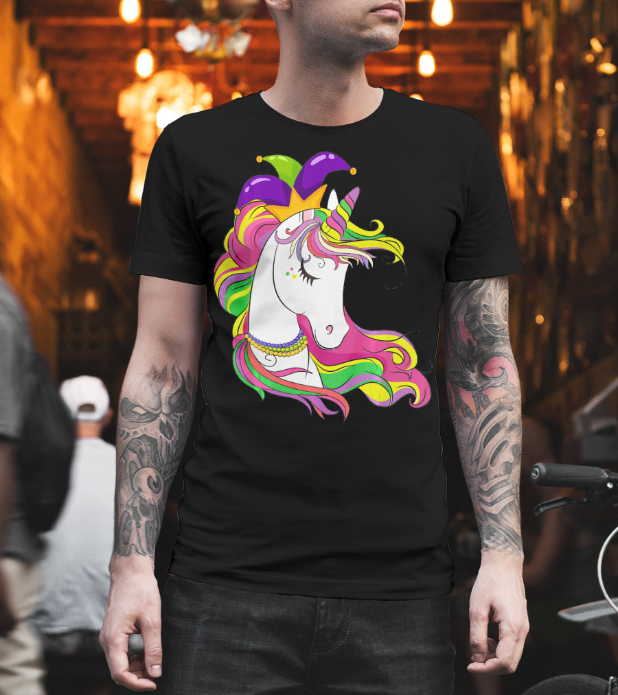 Jester Rainbow Unicorn Mardi Gras Costume With Colorful Mane And Hat T-Shirt