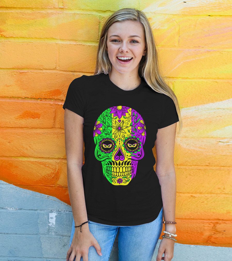 Mardi Gras Sugar Skull With Jester Hat Design And Colorful Floral T-Shirt