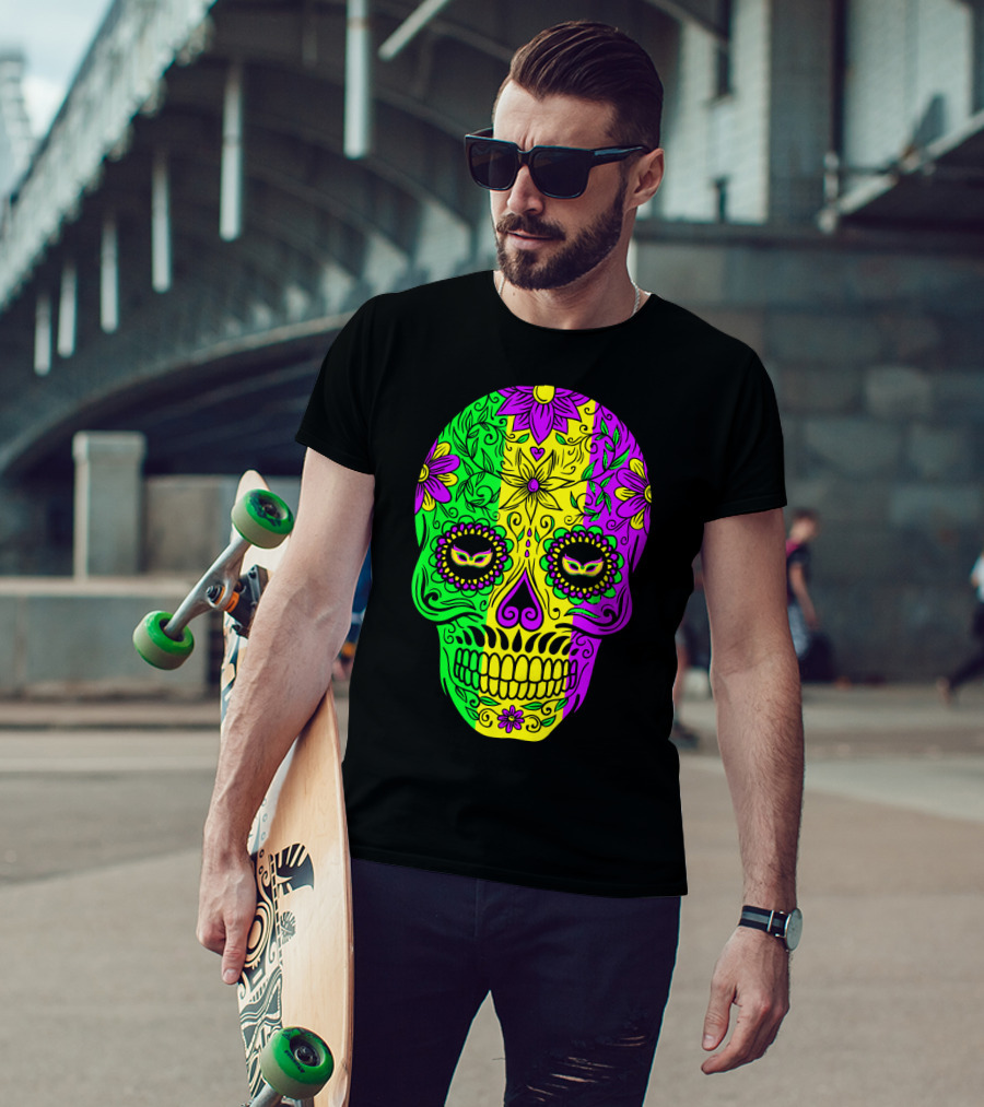 Mardi Gras Sugar Skull With Jester Hat Design And Colorful Floral T-Shirt