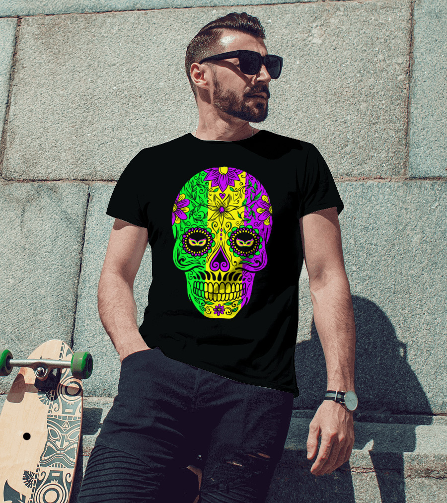 Mardi Gras Sugar Skull With Jester Hat Design And Colorful Floral T-Shirt