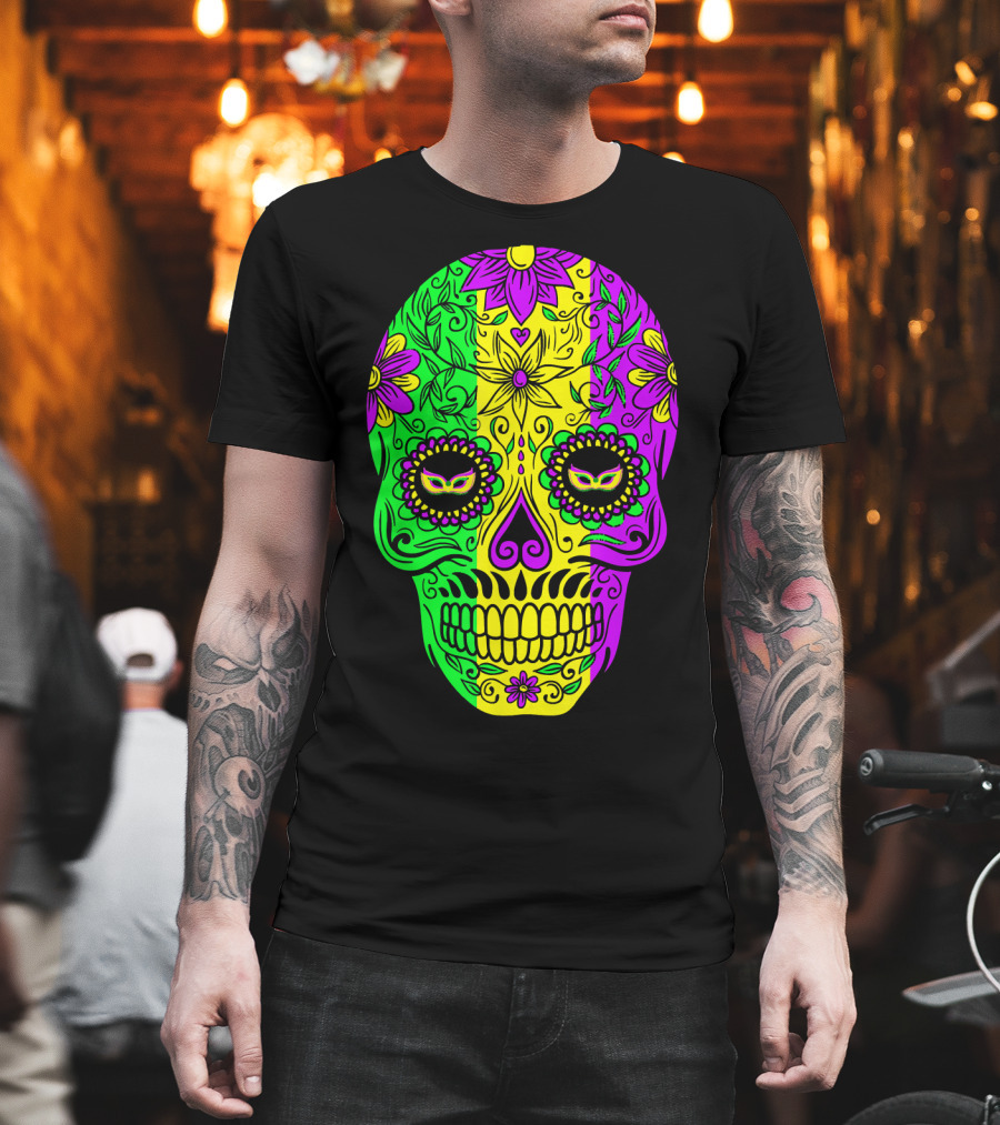 Mardi Gras Sugar Skull With Jester Hat Design And Colorful Floral T-Shirt