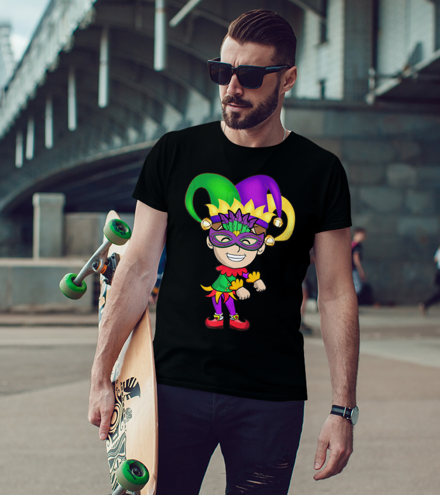 Mardi Gras Jester Kid Flossing Dance Colorful Mask And Costume T-Shirt