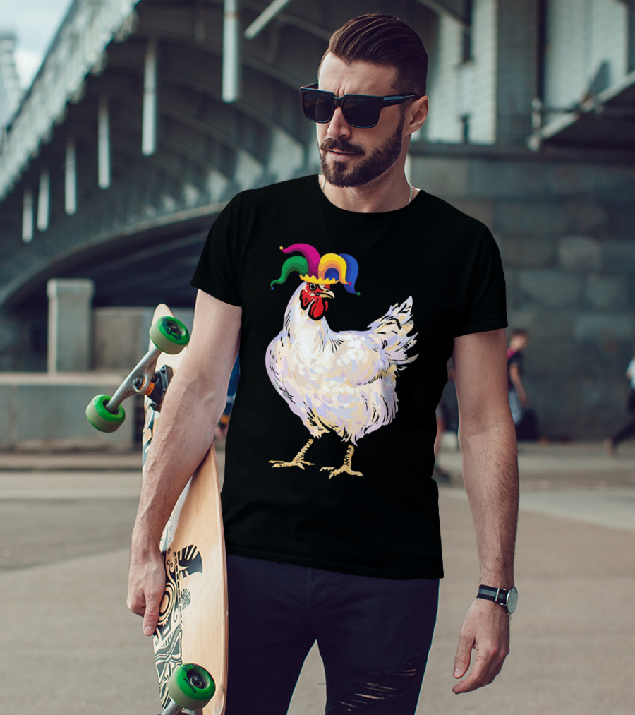 Funny Mardi Gras Chicken Wearing Colorful Jester Hat T-Shirt