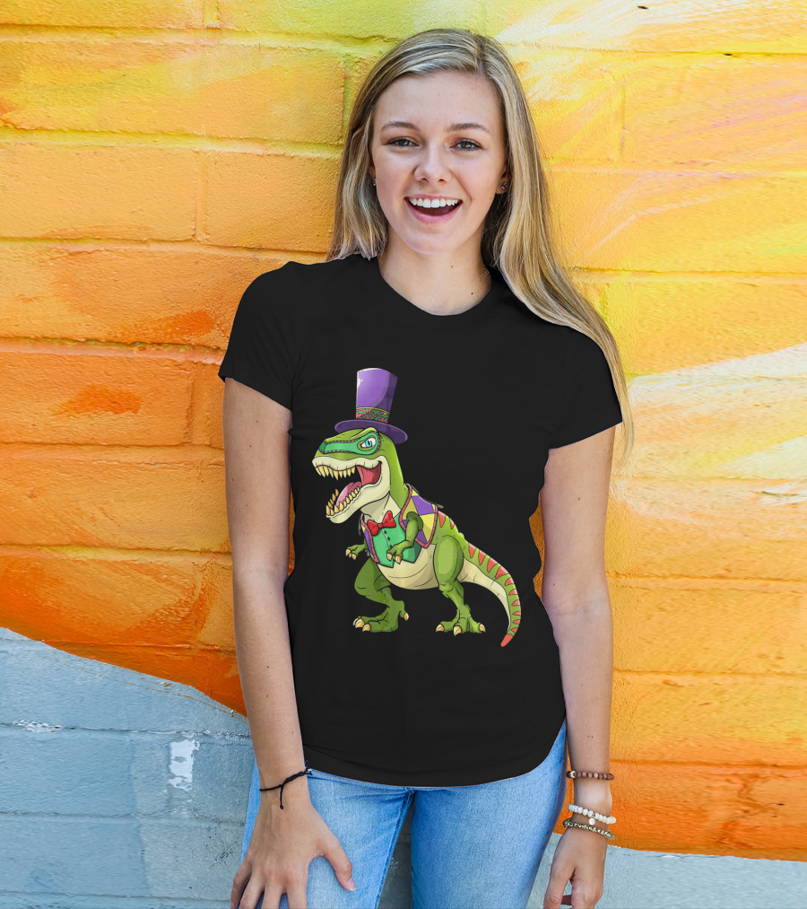 Mardi Gras Dinosaur Wearing Top Hat And Bow Tie T-Shirt