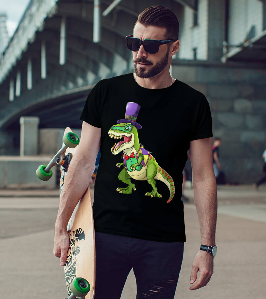 Mardi Gras Dinosaur Wearing Top Hat And Bow Tie T-Shirt