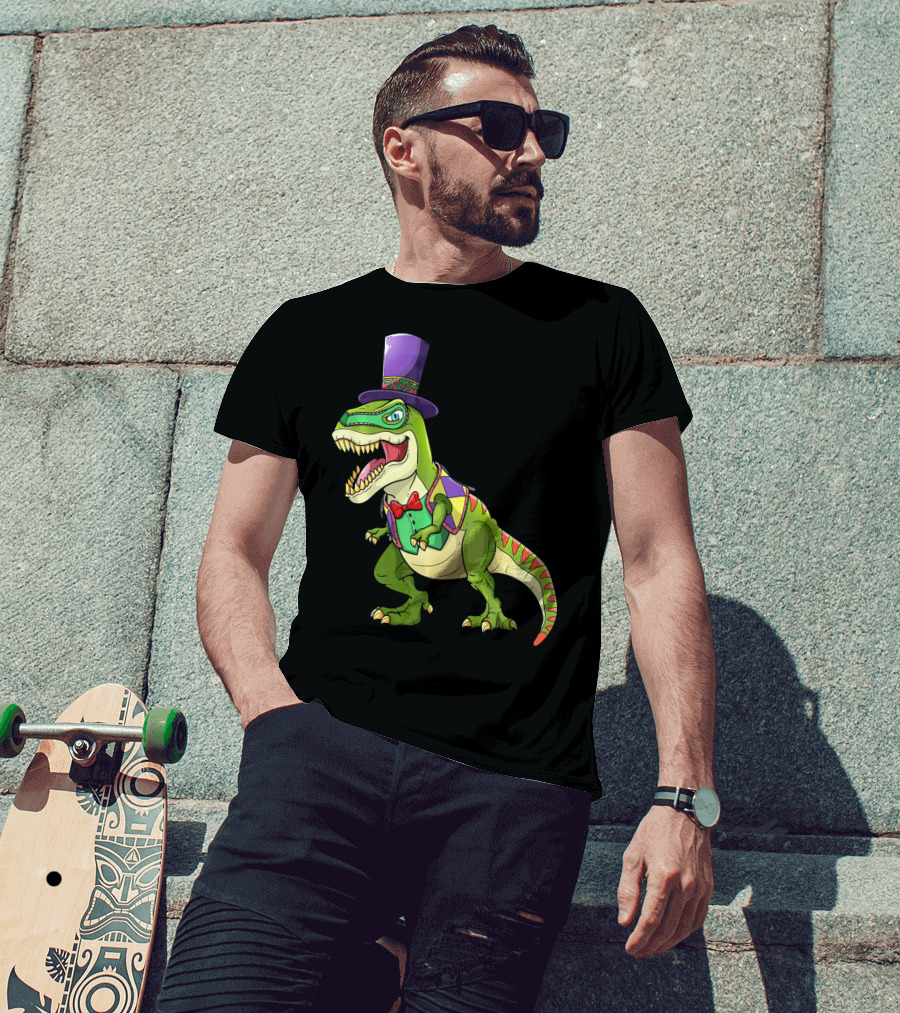Mardi Gras Dinosaur Wearing Top Hat And Bow Tie T-Shirt