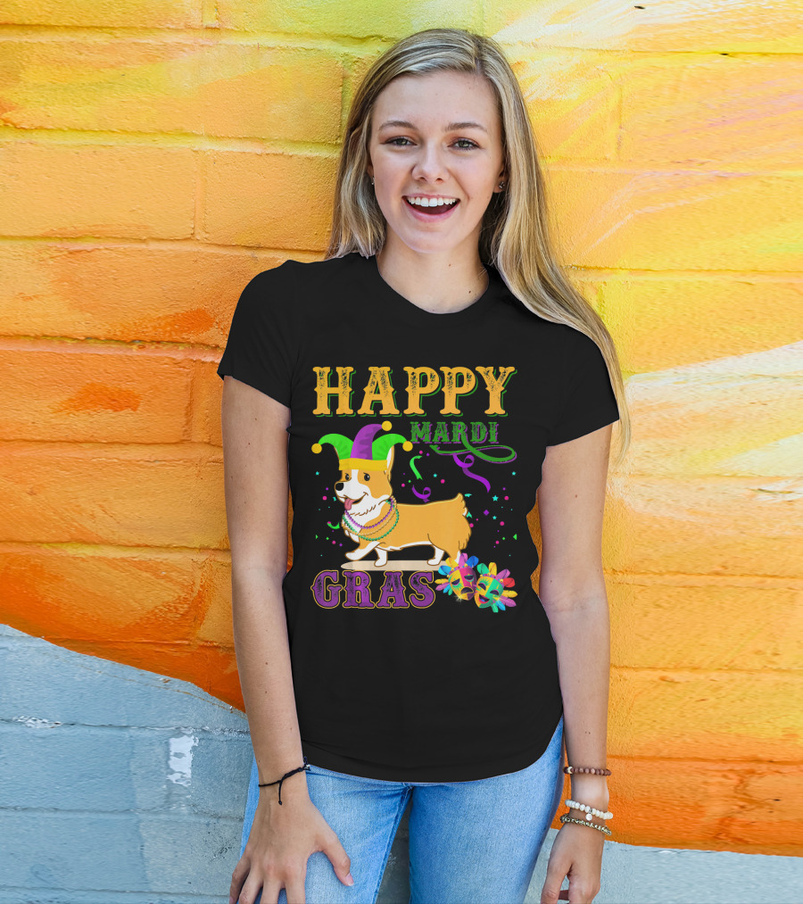 Happy Mardi Gras Welsh Corgi Costume Party T-Shirt