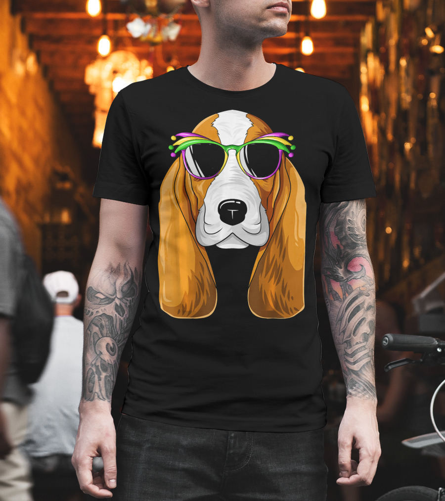 Basset Hound with Mardi Gras Carnival Mask and Sunglasses T-Shirt