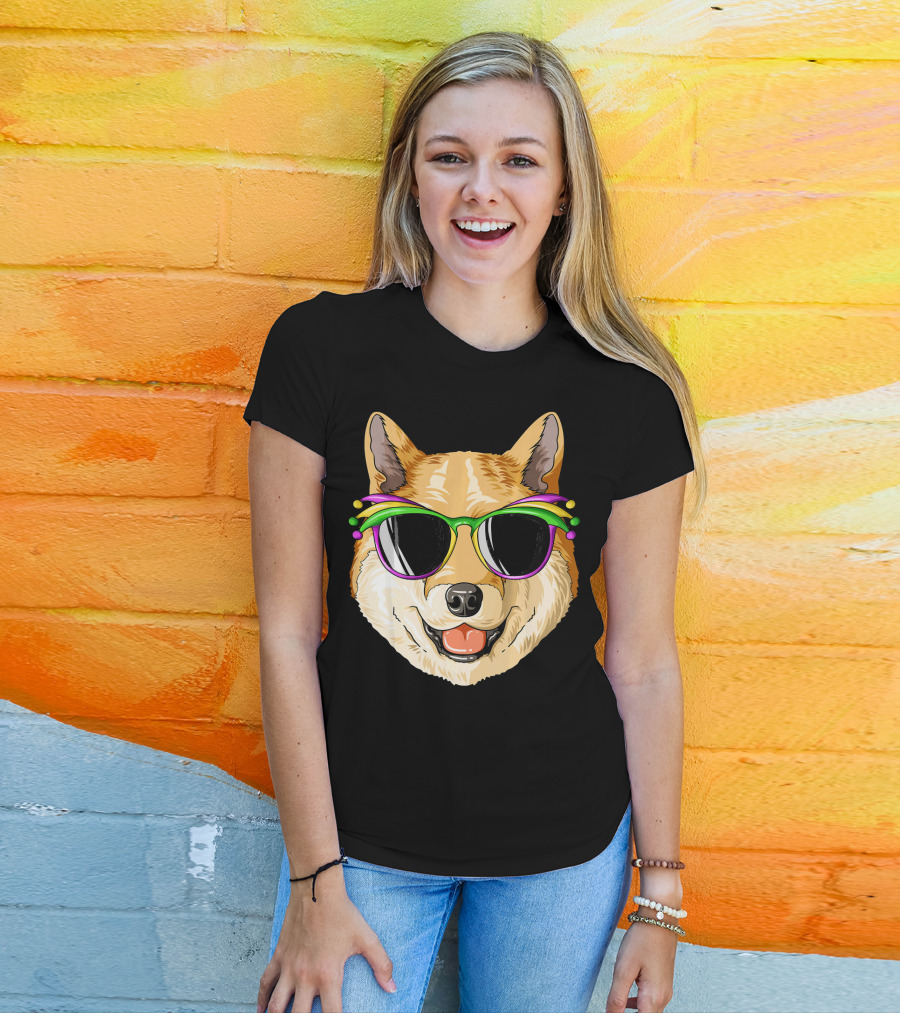 Shiba Inu In Mardi Gras Carnival Mask With Festive Sunglasses T-Shirt