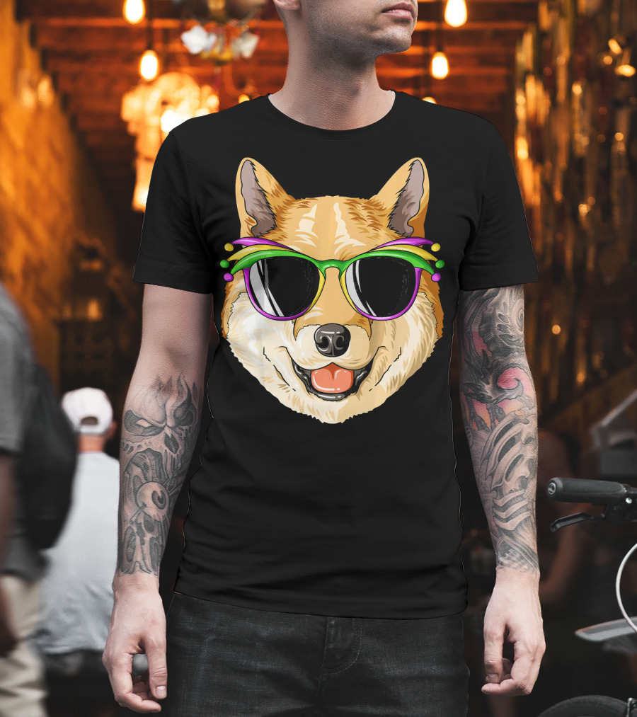 Shiba Inu in Mardi Gras Carnival Mask with Festive Sunglasses T-Shirt