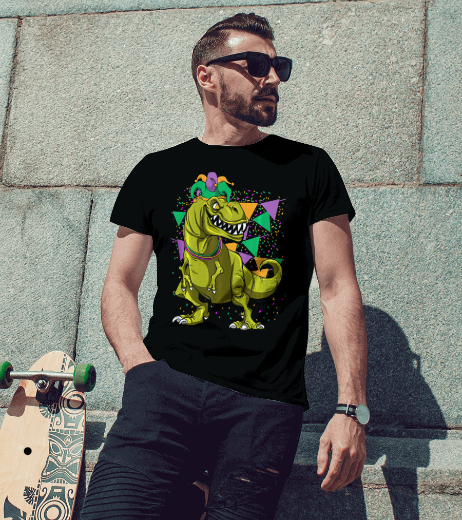 Funny Fat Tuesday Mardi Gras T-Rex Jester With Beads And Confetti T-Shirt