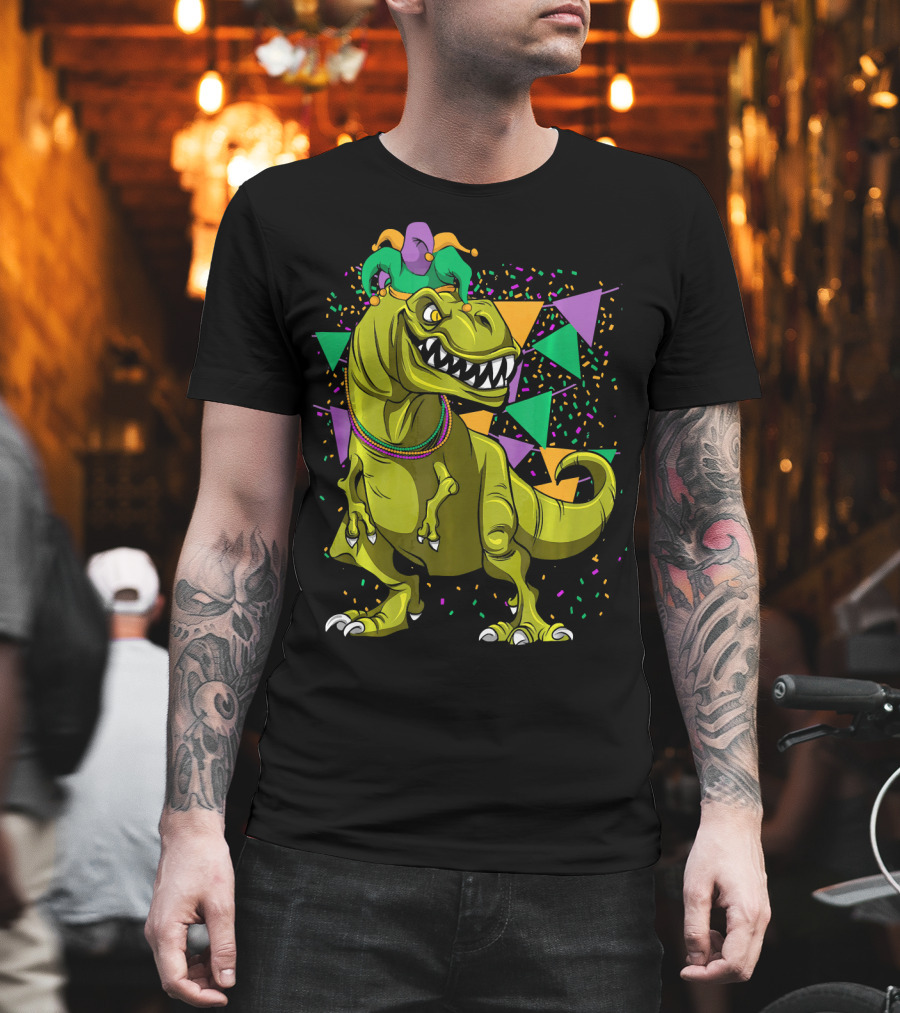 Funny Fat Tuesday Mardi Gras T-Rex Jester With Beads And Confetti T-Shirt