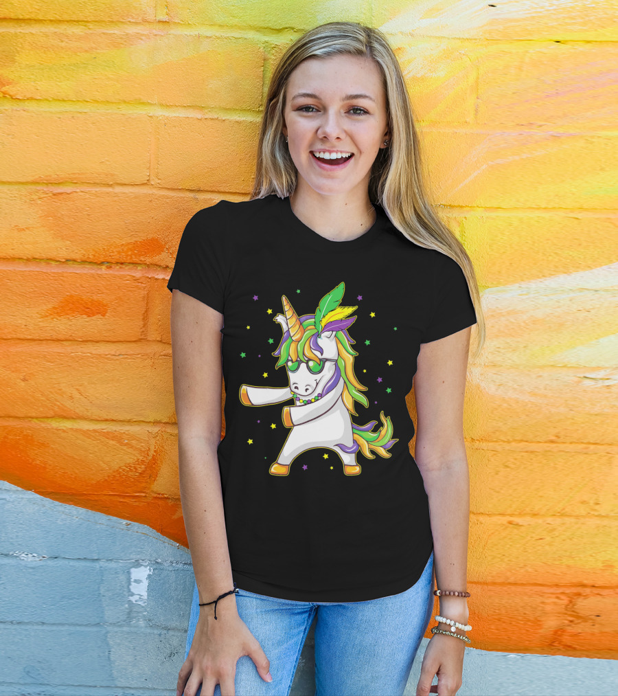 Mardi Gras Unicorn Dabbing And Flossing Colorful Festive Dance T-Shirt