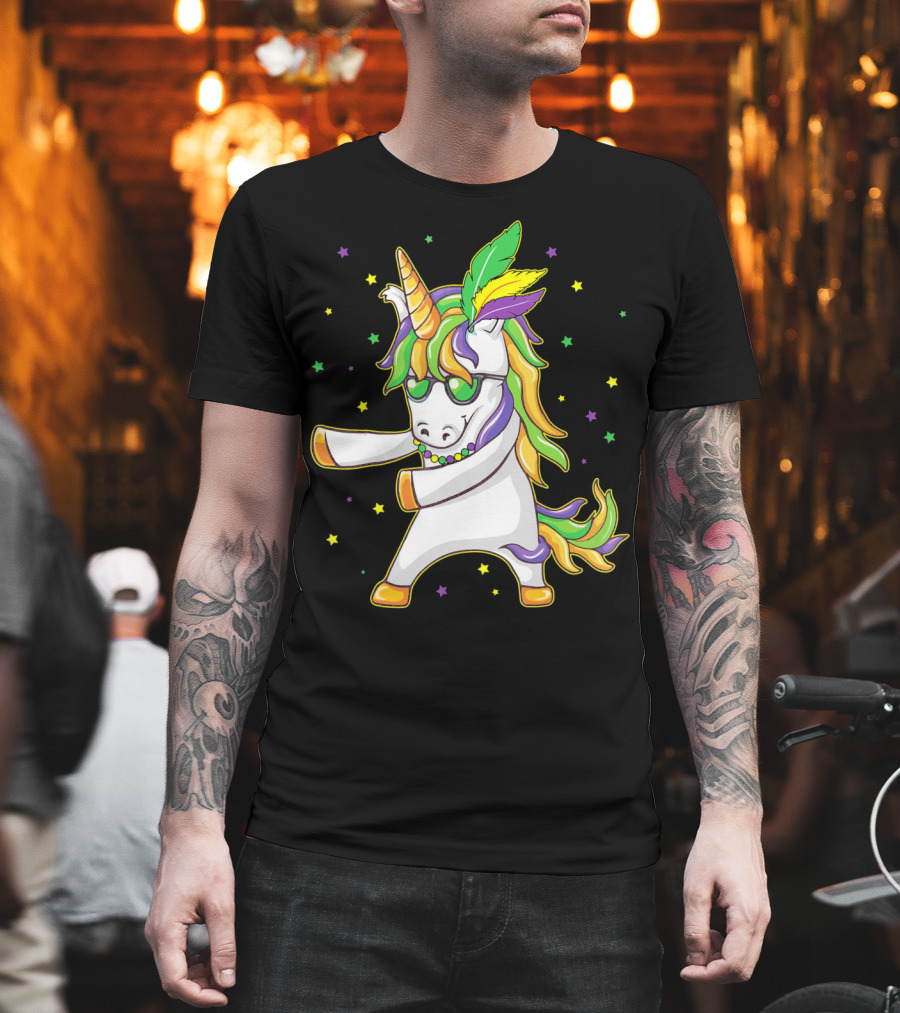 Mardi Gras Unicorn Dabbing and Flossing Colorful Festive Dance T-Shirt